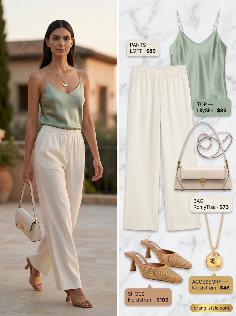 Easy date outfits summer for women 2026: Ivory linen pants, sage camisole, and gold accessories for an al fresco dinner.