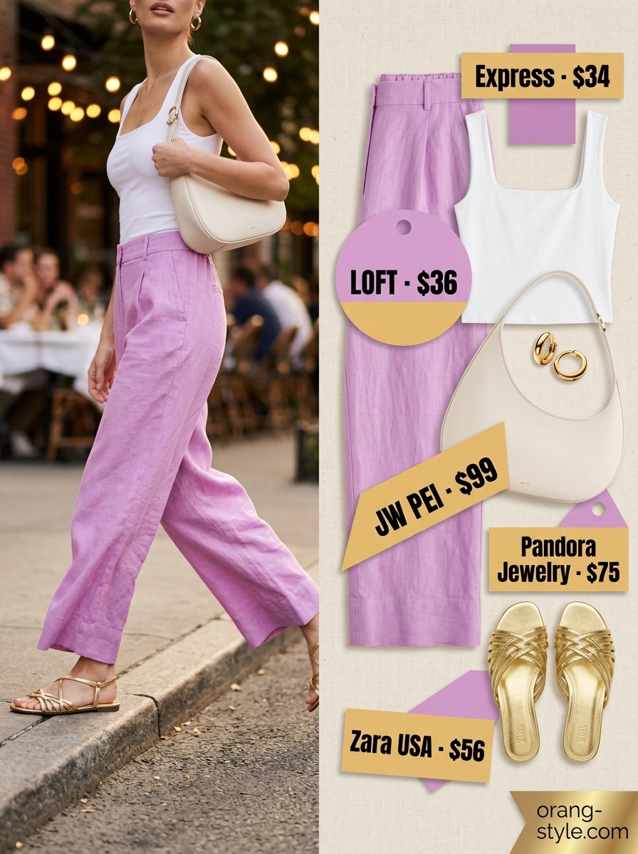 Easy date outfits summer for women 2026: Lavender linen pants, white tank, and gold sandals for an evening date.
