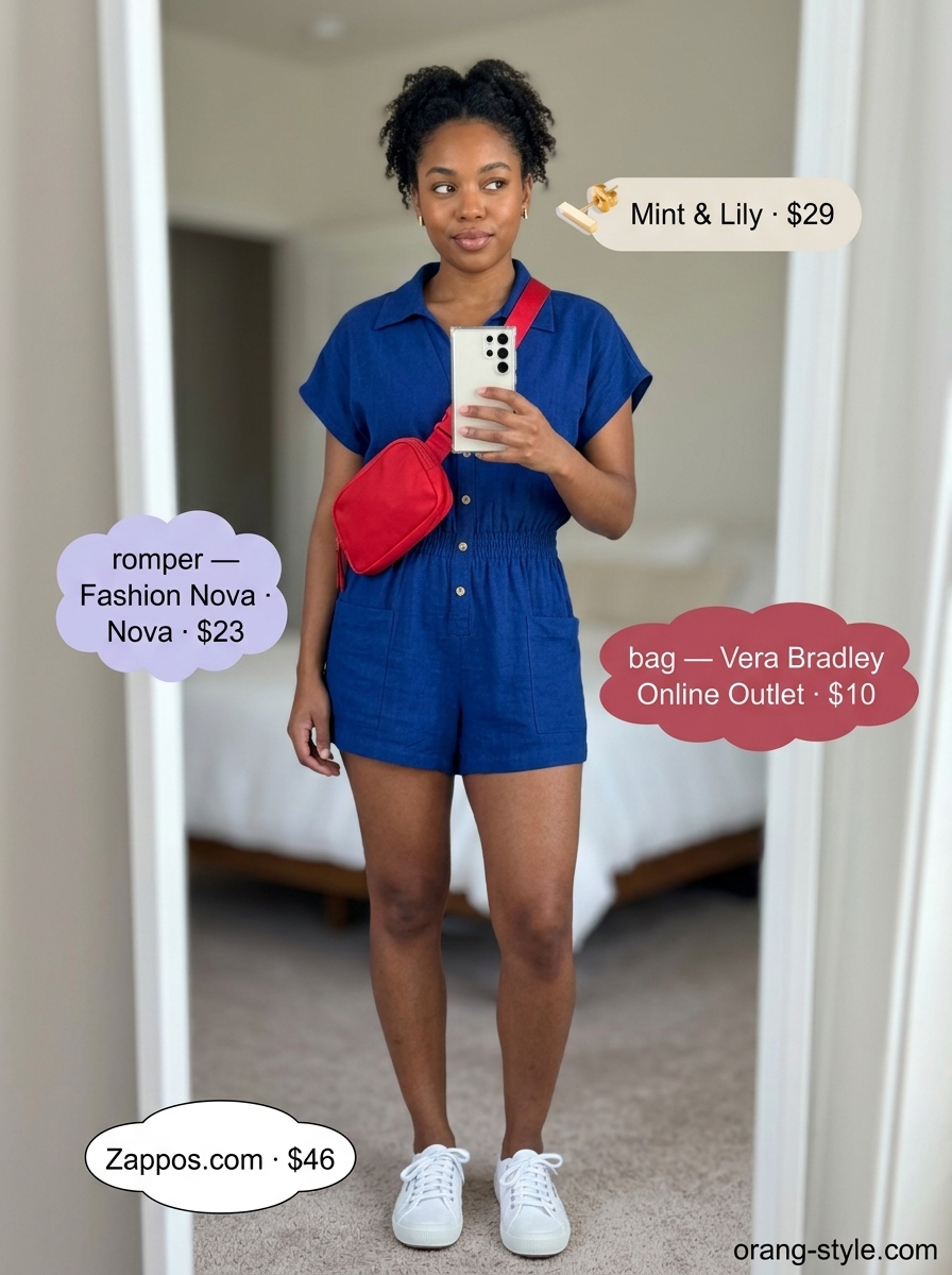 Easy date outfit summer for women 2026: Navy linen romper, white sneakers, red belt bag for a playful cafe date.