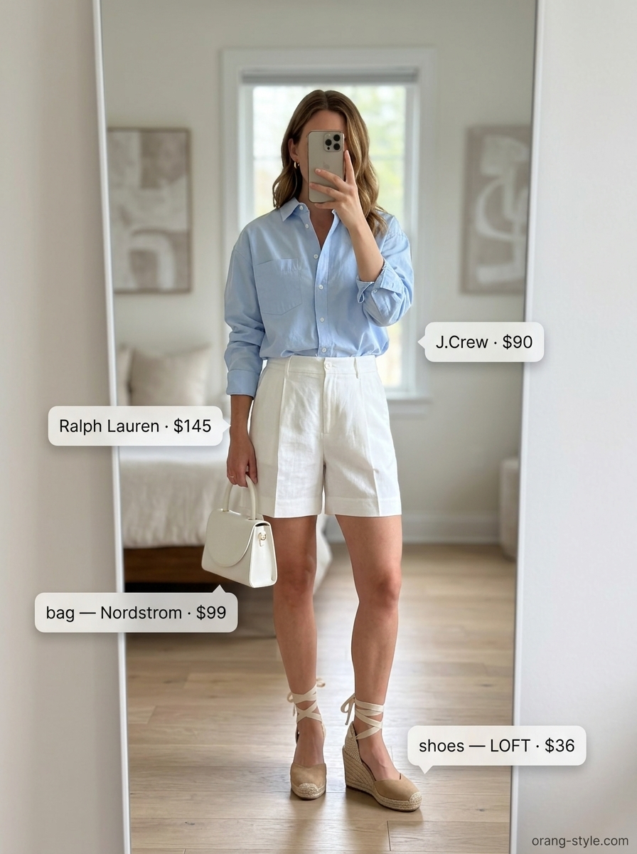 Easy date outfits summer for women 2026: White linen shorts, sky blue shirt, and tan espadrilles for a brunch date.