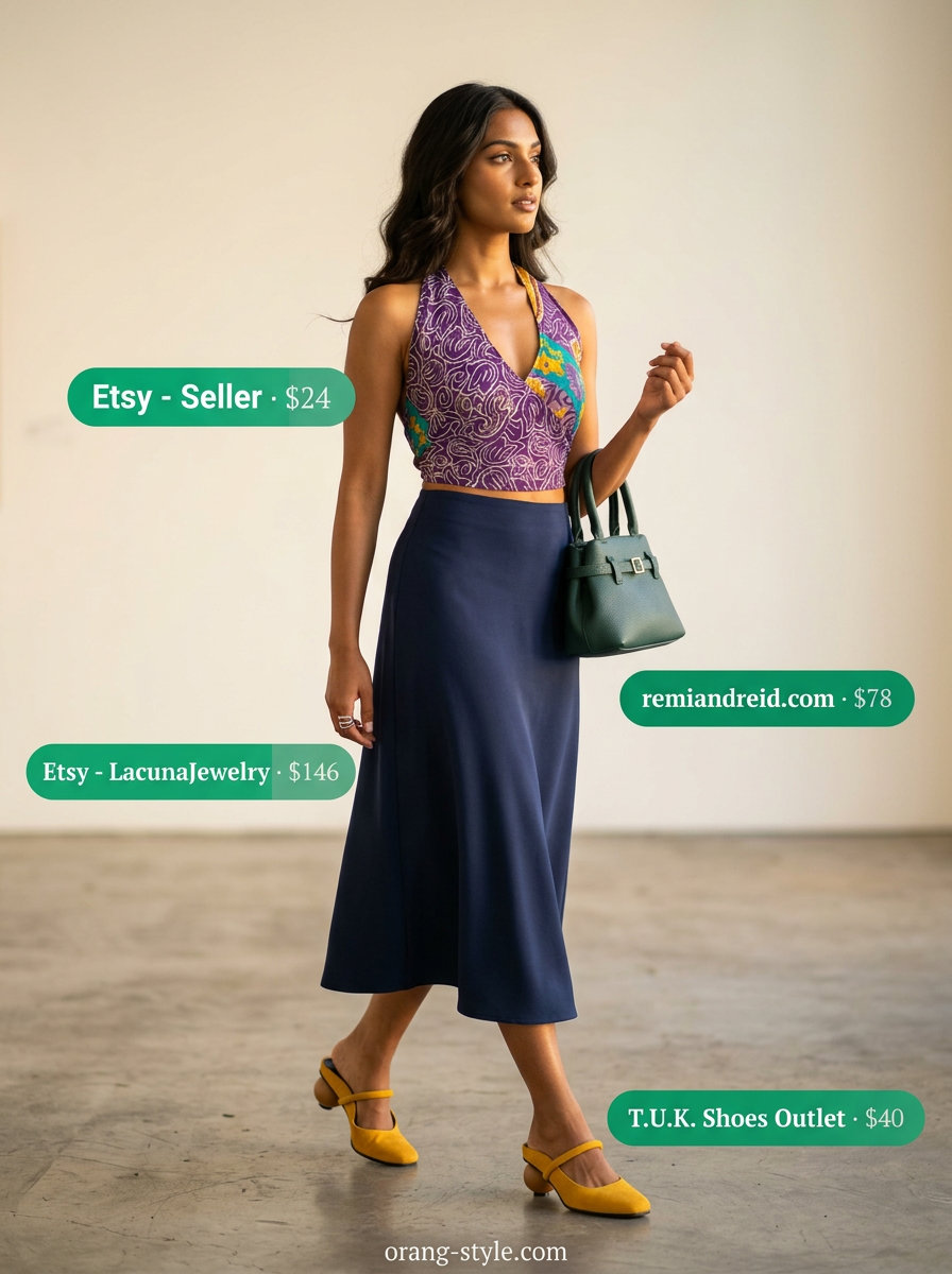 Elegant summer halter top outfits 2026: Teal abstract print halter top with navy accordion midi skirt for an artsy event.