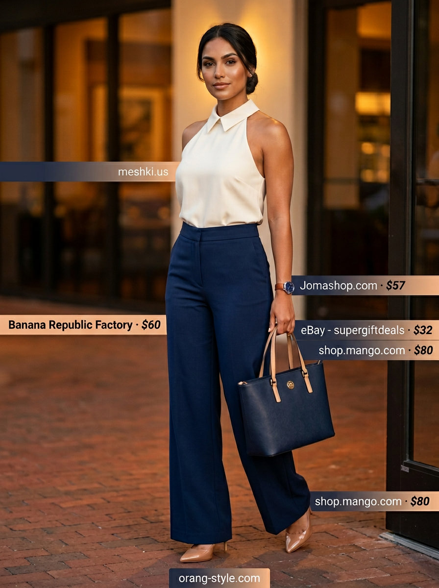Professional summer halter top outfits 2026: White cotton halter top with navy trousers.