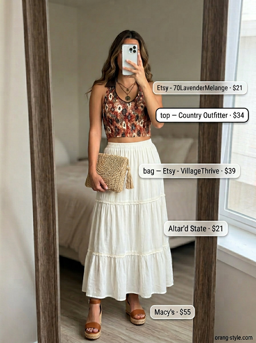 Bohemian summer halter top outfits 2026: Terracotta print halter top, ivory maxi skirt, espadrilles, straw clutch.