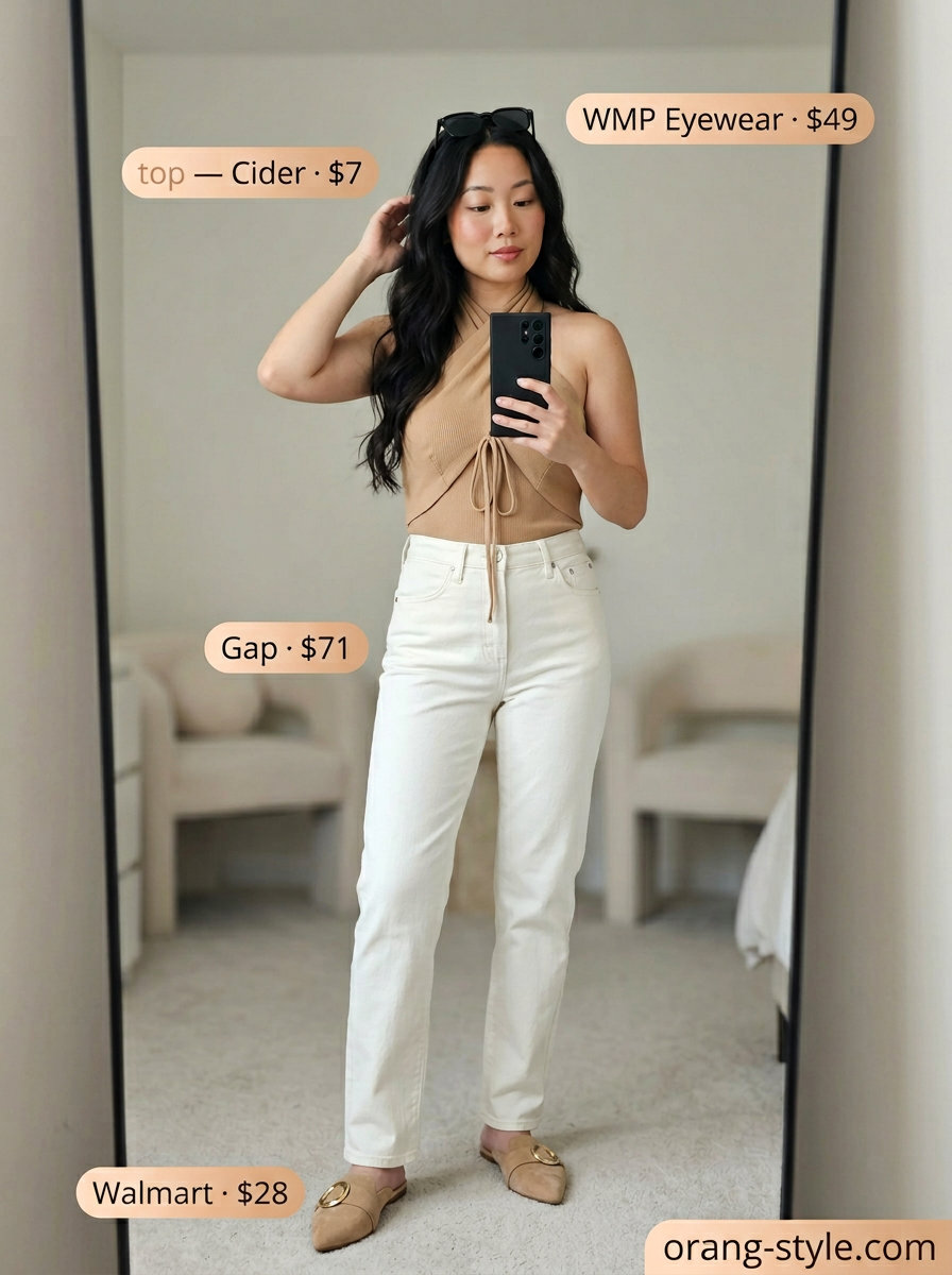 Elegant summer halter top outfits 2026: Camel knit halter top with off-white jeans for a chic Parisian cafe look.