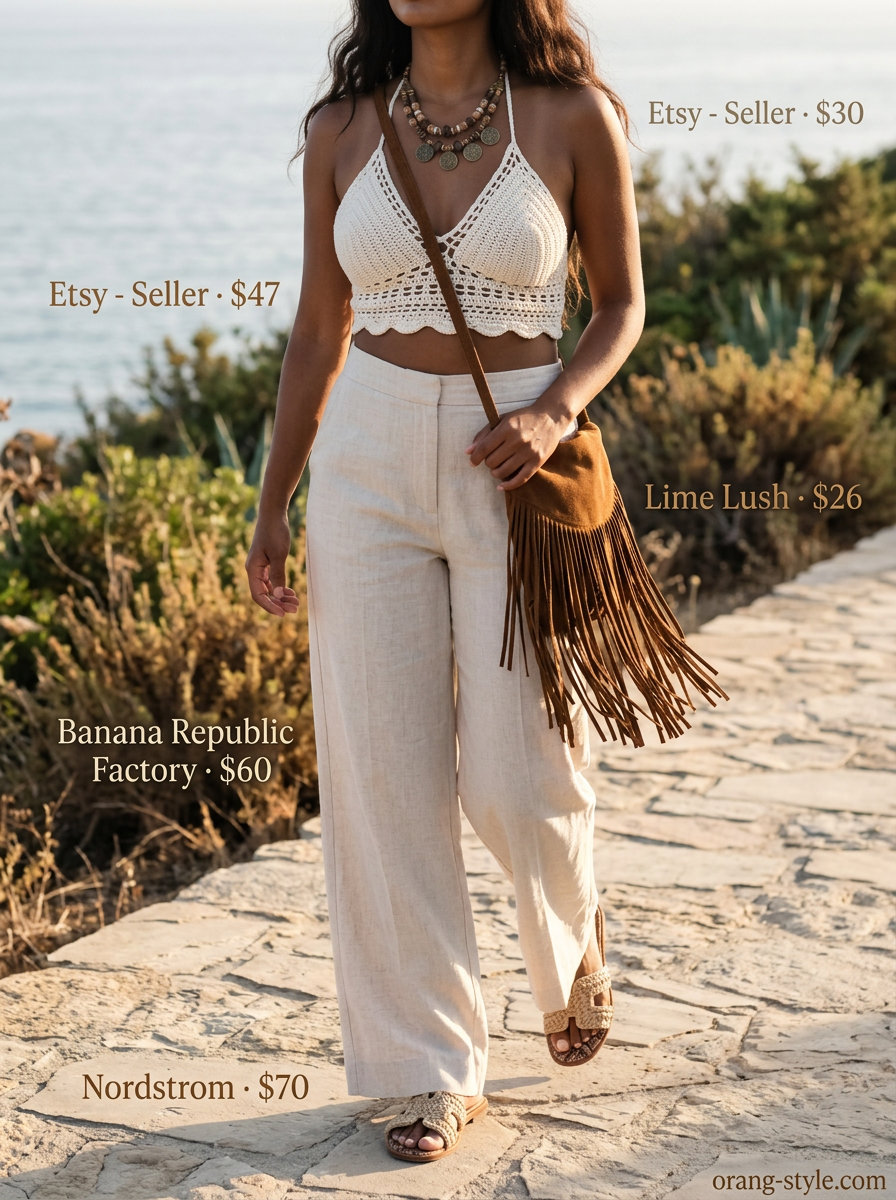 Elegant summer halter top outfits 2026: Ecru crochet halter top with flowy linen pants for a bohemian beach club look.
