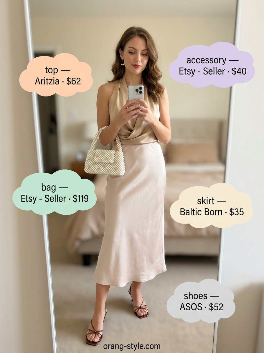 Elegant summer halter top outfits 2026: Champagne silk halter top with satin midi skirt.