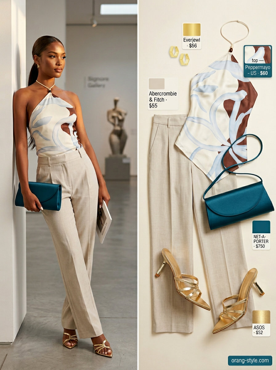 Elegant summer halter top outfits 2026: Deep teal geometric halter top with cream tailored trousers for an art gallery opening.