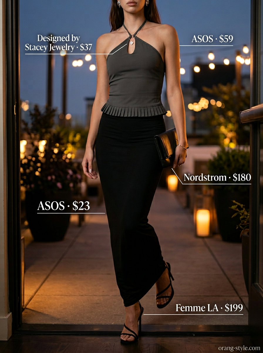 Elegant summer halter top outfits 2026: Charcoal grey halter top with onyx black maxi skirt for a sophisticated evening.