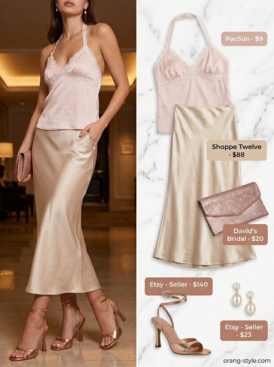Elegant summer halter top outfits 2026: Blush pink lace halter top with champagne midi skirt for a romantic garden gala.
