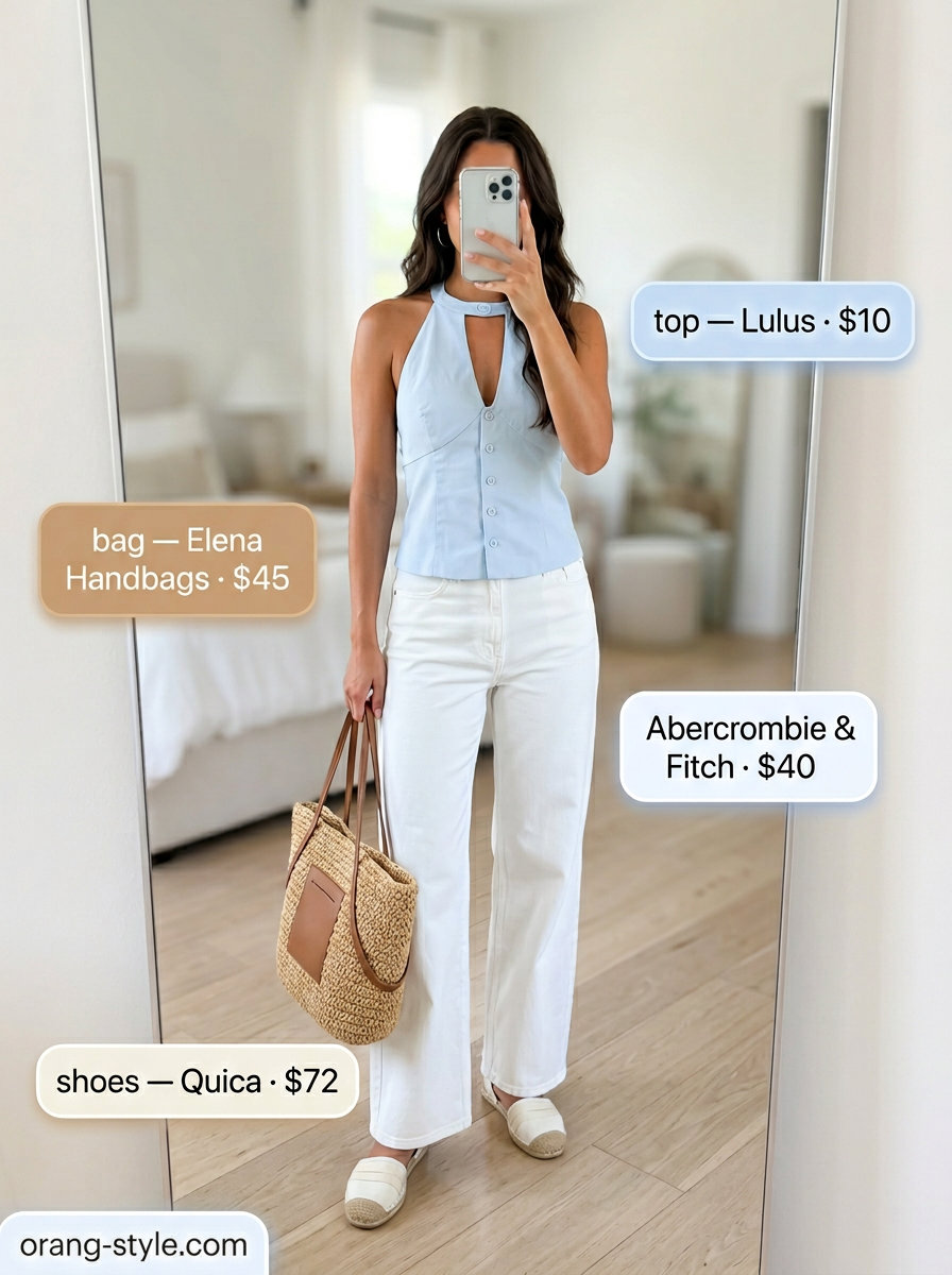 Elegant summer halter top outfits 2026: Sky blue halter top with white jeans for a lakeside lunch.