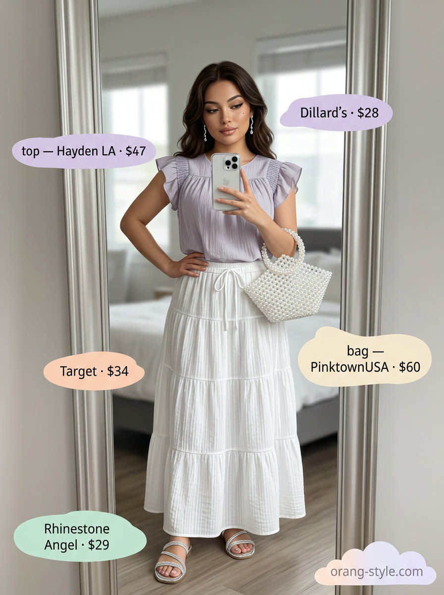 Elegant summer halter top outfits 2026: Lavender tiered halter top with cream maxi skirt for a garden party.