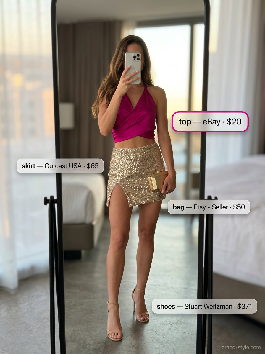 Glamorous summer halter top outfits 2026: Hot pink satin halter top with sequin mini skirt.