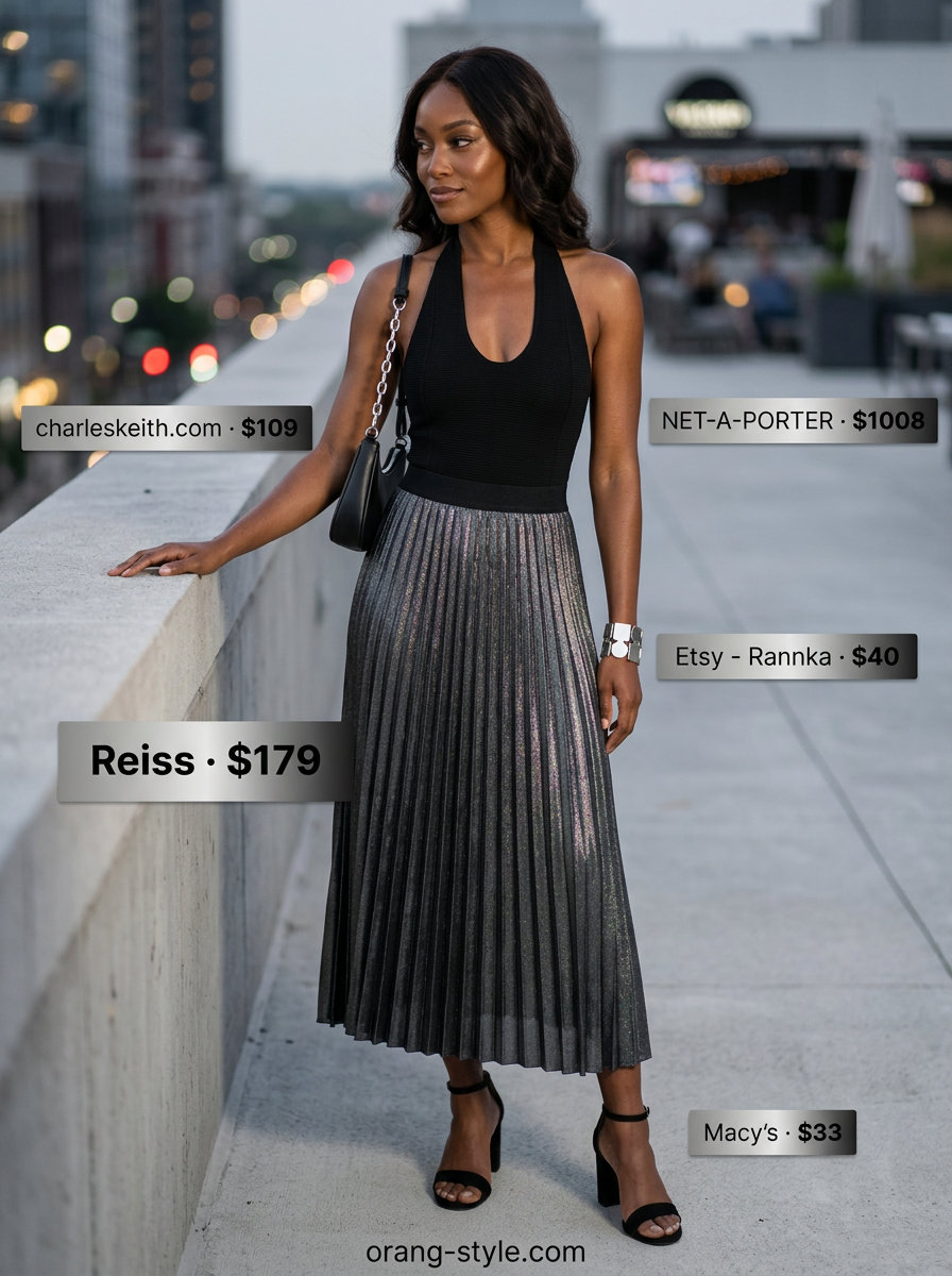 Elegant summer halter top outfits 2026: Black halter bodysuit with metallic pleated skirt for a night out.