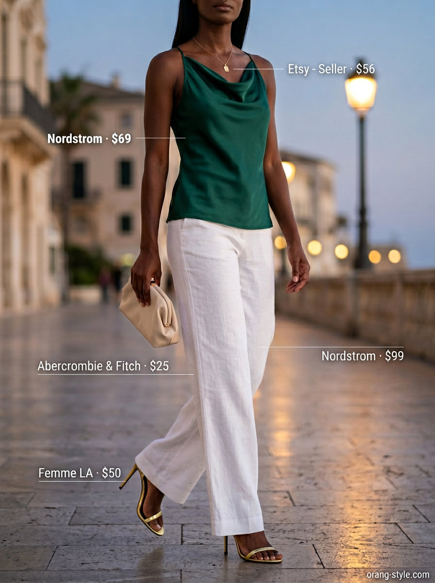 Elegant summer halter top outfits 2026: Emerald green silk halter top with white wide-leg trousers.