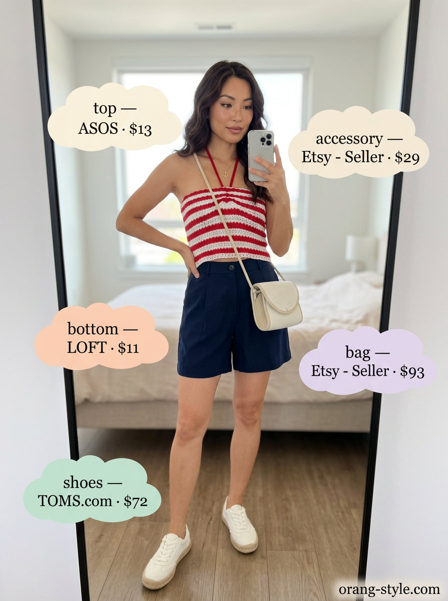 Nautical summer halter top outfits 2026: Red & white striped halter top with navy shorts.