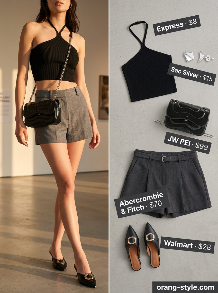 Edgy summer halter top outfits 2026: Black ribbed halter top with charcoal grey tailored shorts.