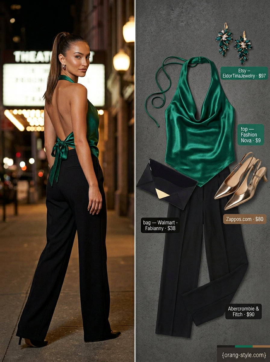 Elegant summer halter top outfits 2026: Emerald green satin halter top with black wide-leg trousers for a summer gala.