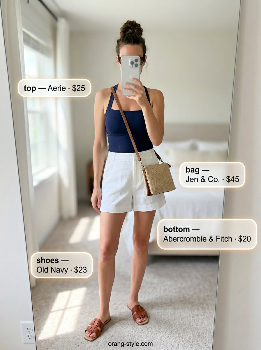 Chic summer halter top outfits 2026: Navy ribbed halter top with white linen shorts.