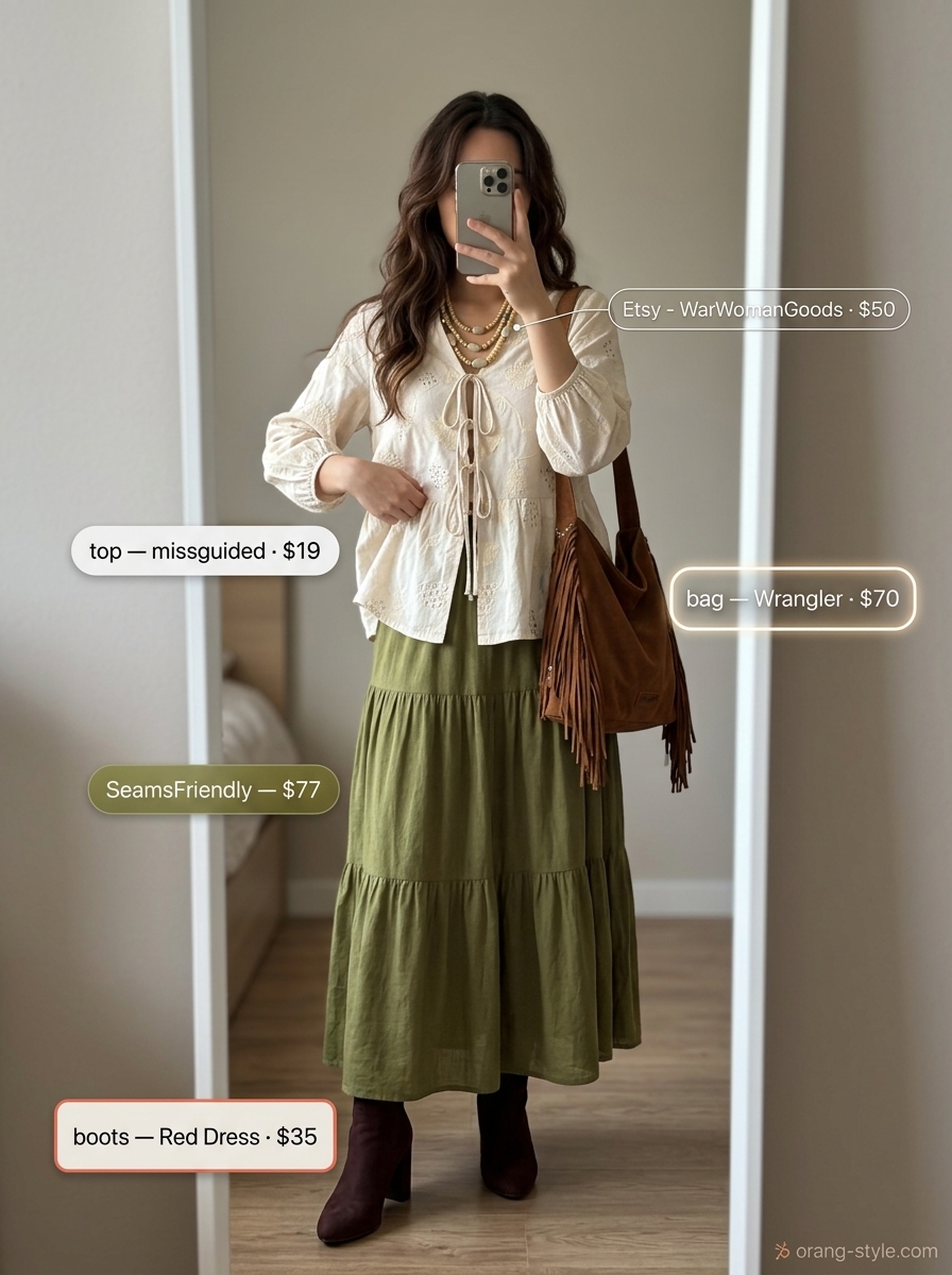 Earth tone floral summer blouse 2026 with olive green maxi skirt, suede boots, and fringe bag for a bohemian look.