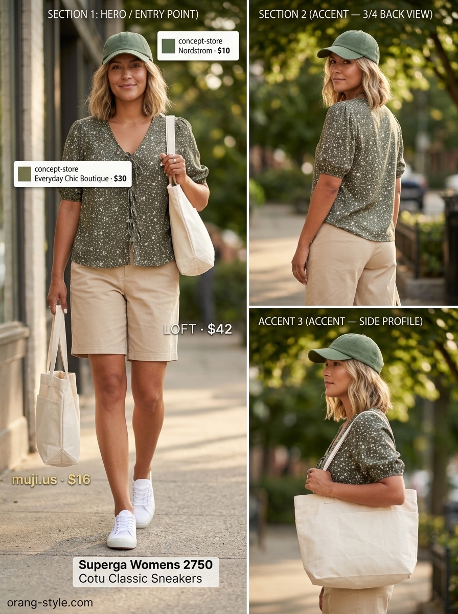 Olive floral summer blouse 2026 with beige shorts, white sneakers, and a baseball cap for a casual weekend look.