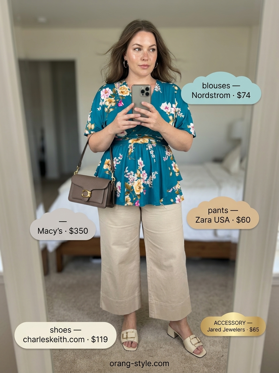 Teal floral summer blouse 2026 with beige culottes, block heel mules, and gold hoop earrings for a chic city look.