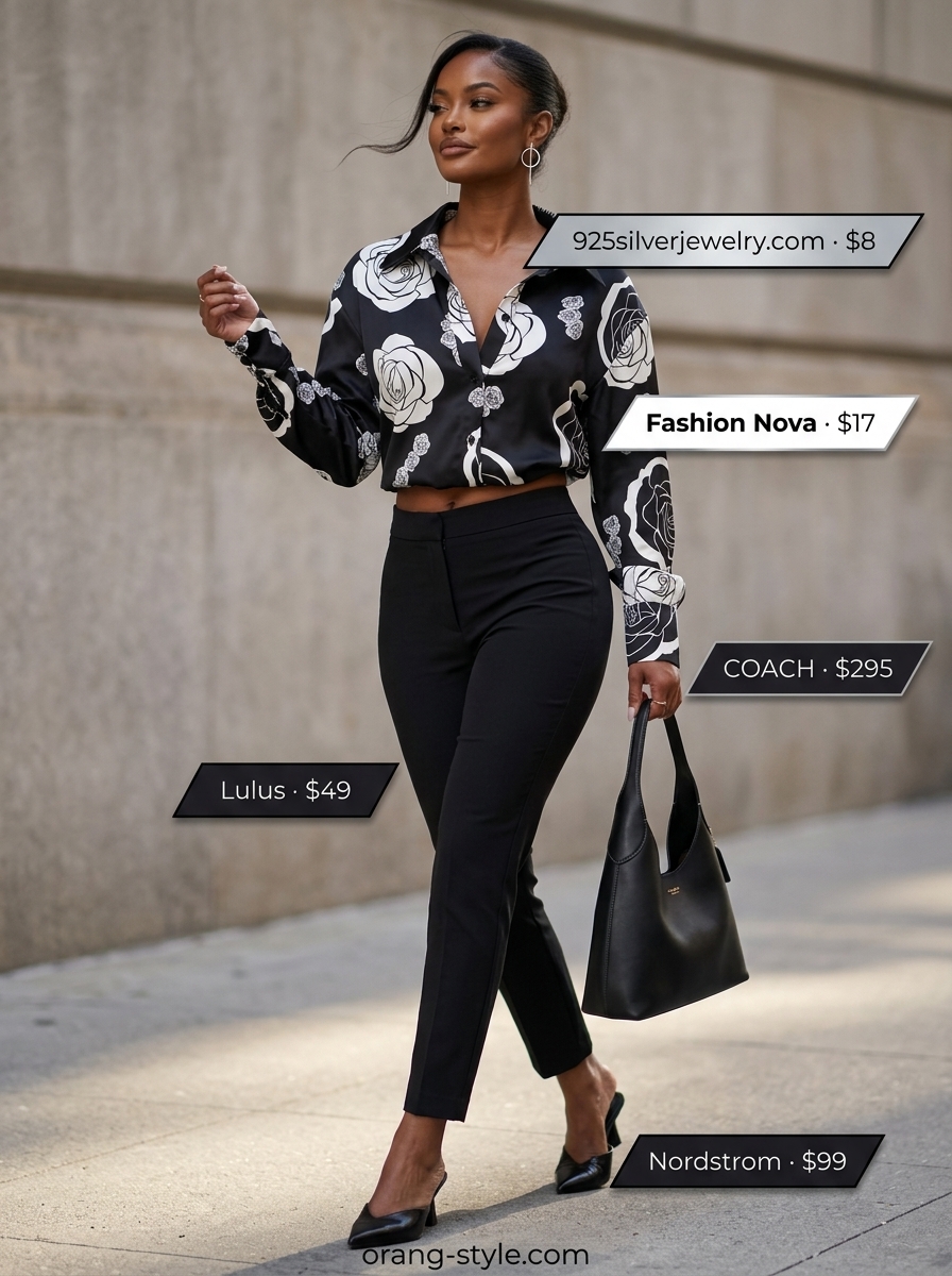 Chic floral summer blouse 2026 for city outings with tailored trousers, mule heels, and shoulder bag.