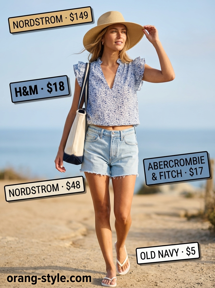 Casual floral summer blouse 2026 for beach days with denim shorts, straw hat, and canvas tote bag.
