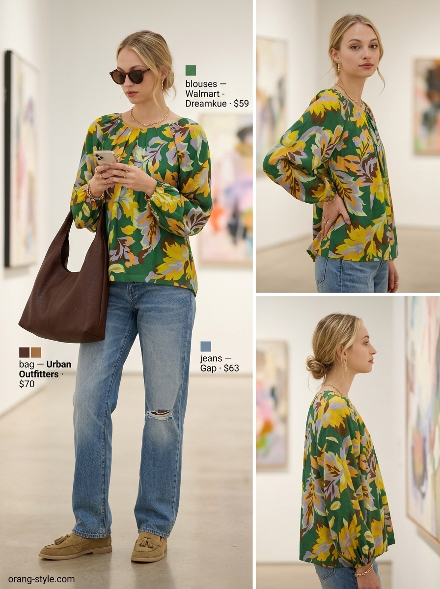 Abstract floral summer blouse 2026 with medium wash jeans, tan loafers, and oversized sunglasses for a creative casual look.