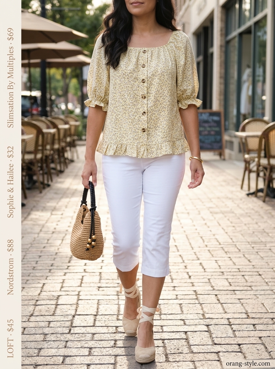 Yellow floral summer blouse 2026 with capri pants for daytime outing. Cheerful, bright outfit.