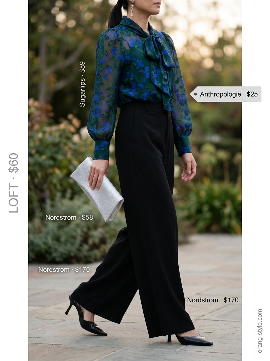 Elegant floral summer blouse 2026 for evening garden parties with palazzo pants, heeled mules, and clutch.