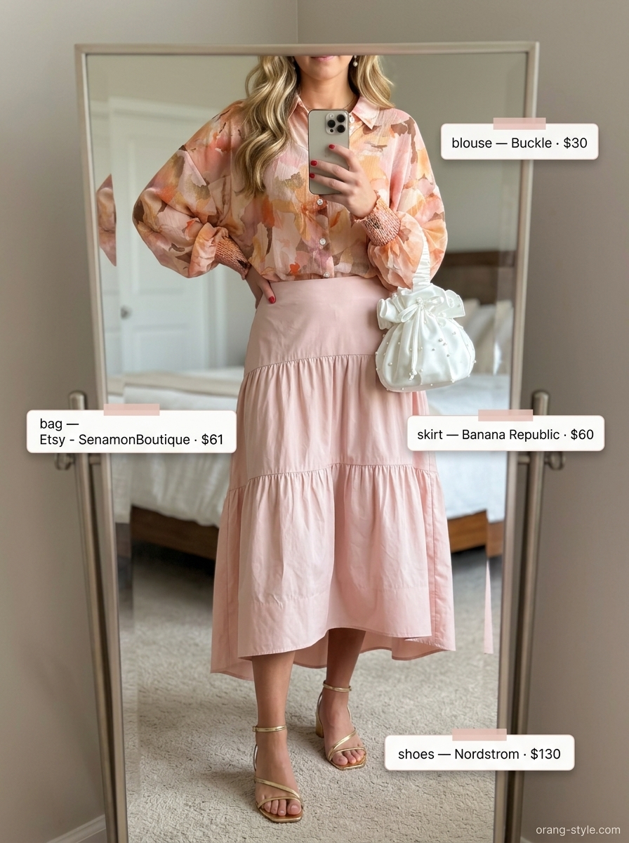 Pastel floral summer blouse 2026 with a blush pink midi skirt, block heel sandals, and pearl earrings for garden party elegance.