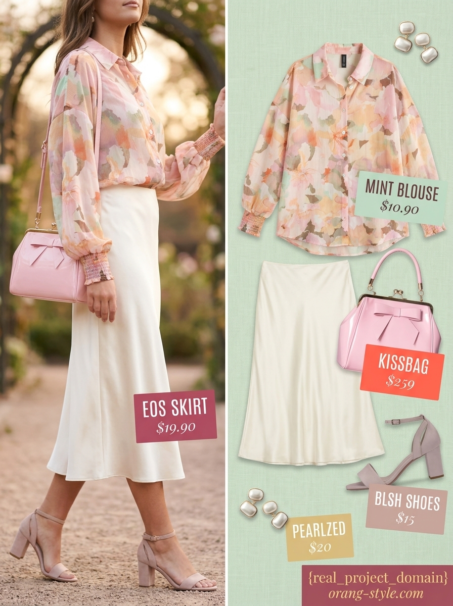 Pastel floral summer blouse 2026 for garden party outfit with puff sleeves, midi skirt, and block heels.