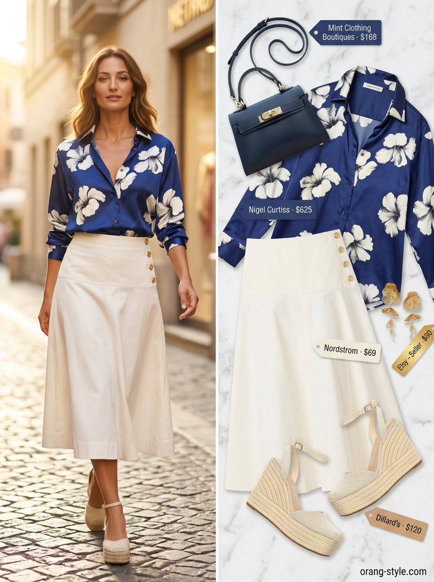 Navy floral summer blouse 2026 with midi skirt for garden party. Elegant, feminine outfit.