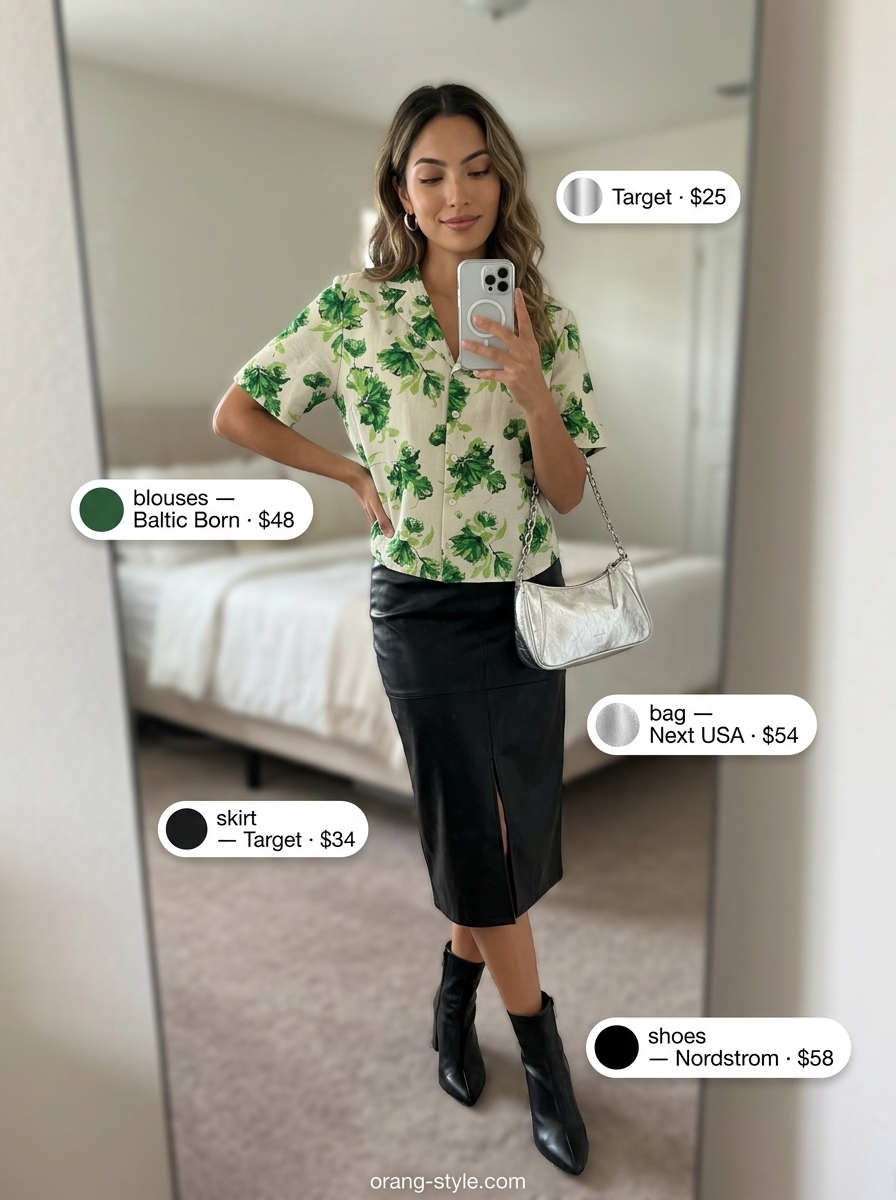 Green floral summer blouse 2026 with a faux leather midi skirt, ankle boots, and hoop earrings for a modern bohemian look.