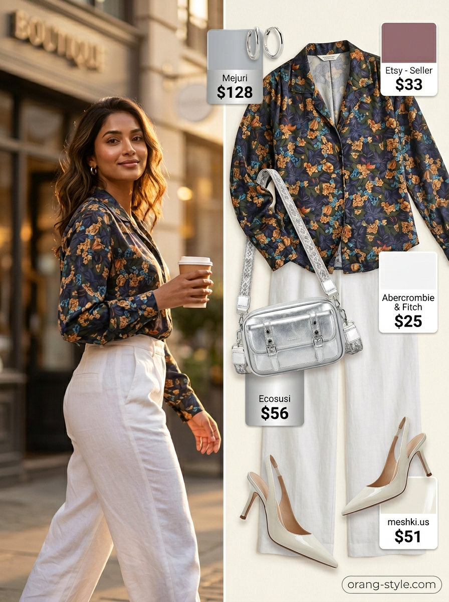 Monochromatic blue floral summer blouse 2026 with wide-leg trousers. Modern, chic outfit.