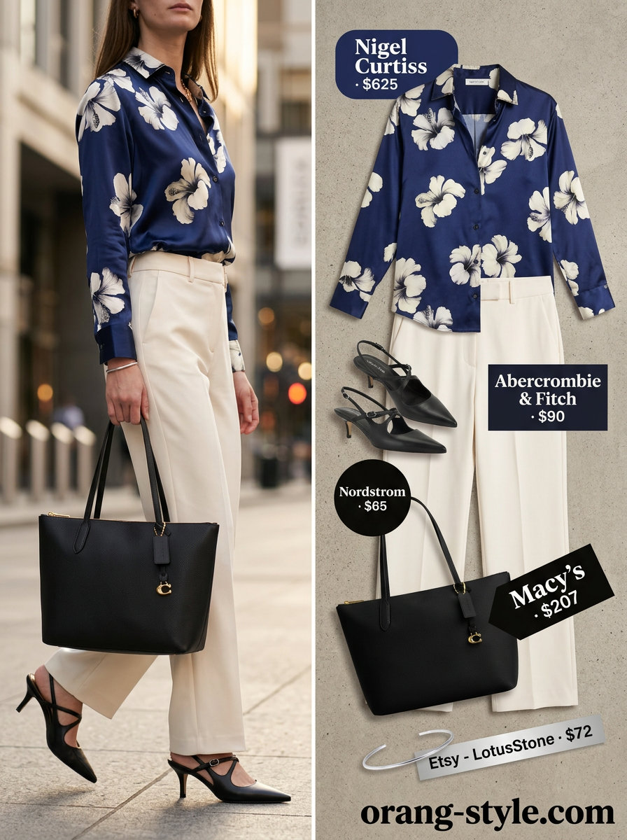 Navy floral summer blouse 2026 with tailored trousers for office casual. Sophisticated outfit.