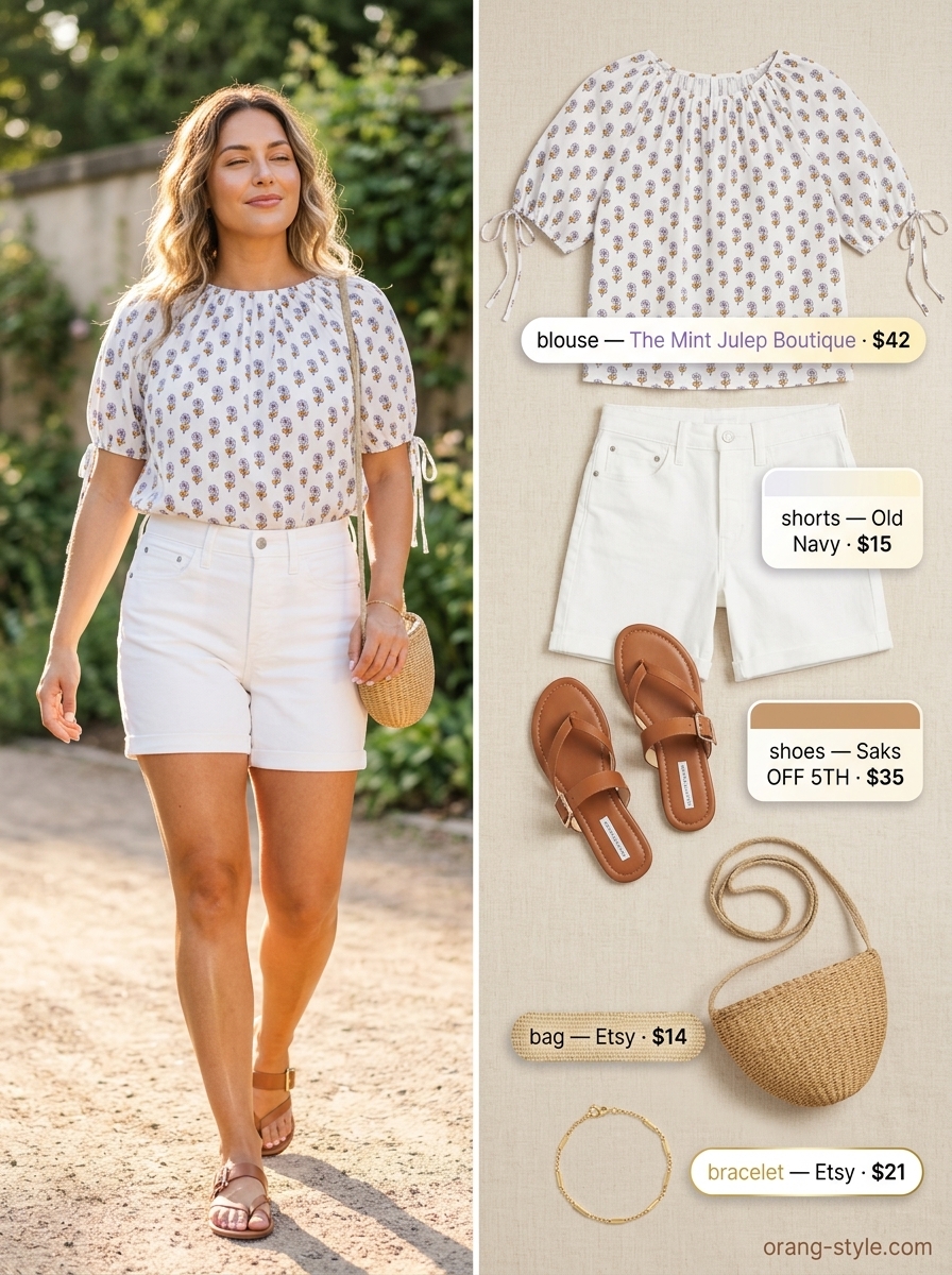 Pastel floral summer blouse 2026 with denim shorts for a picnic. Sweet, feminine outfit.