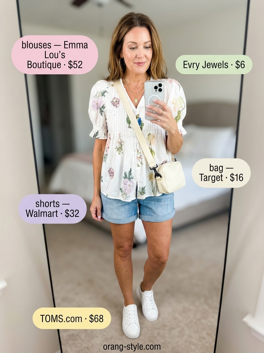 Multi-color floral summer blouse 2026 with paperbag shorts, white sneakers, and layered necklaces for a playful picnic look.