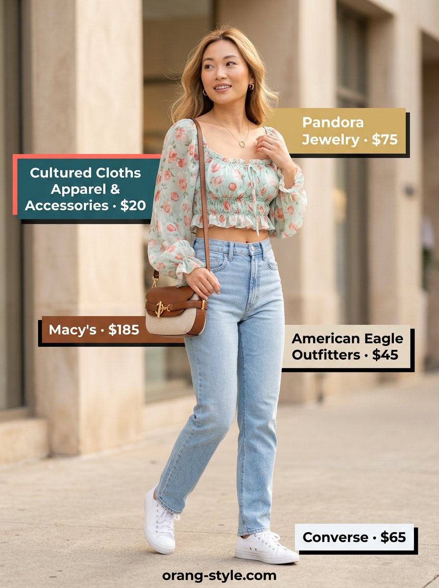 Fresh floral summer blouse 2026 for casual errands with straight-leg jeans, sneakers, and crossbody bag.