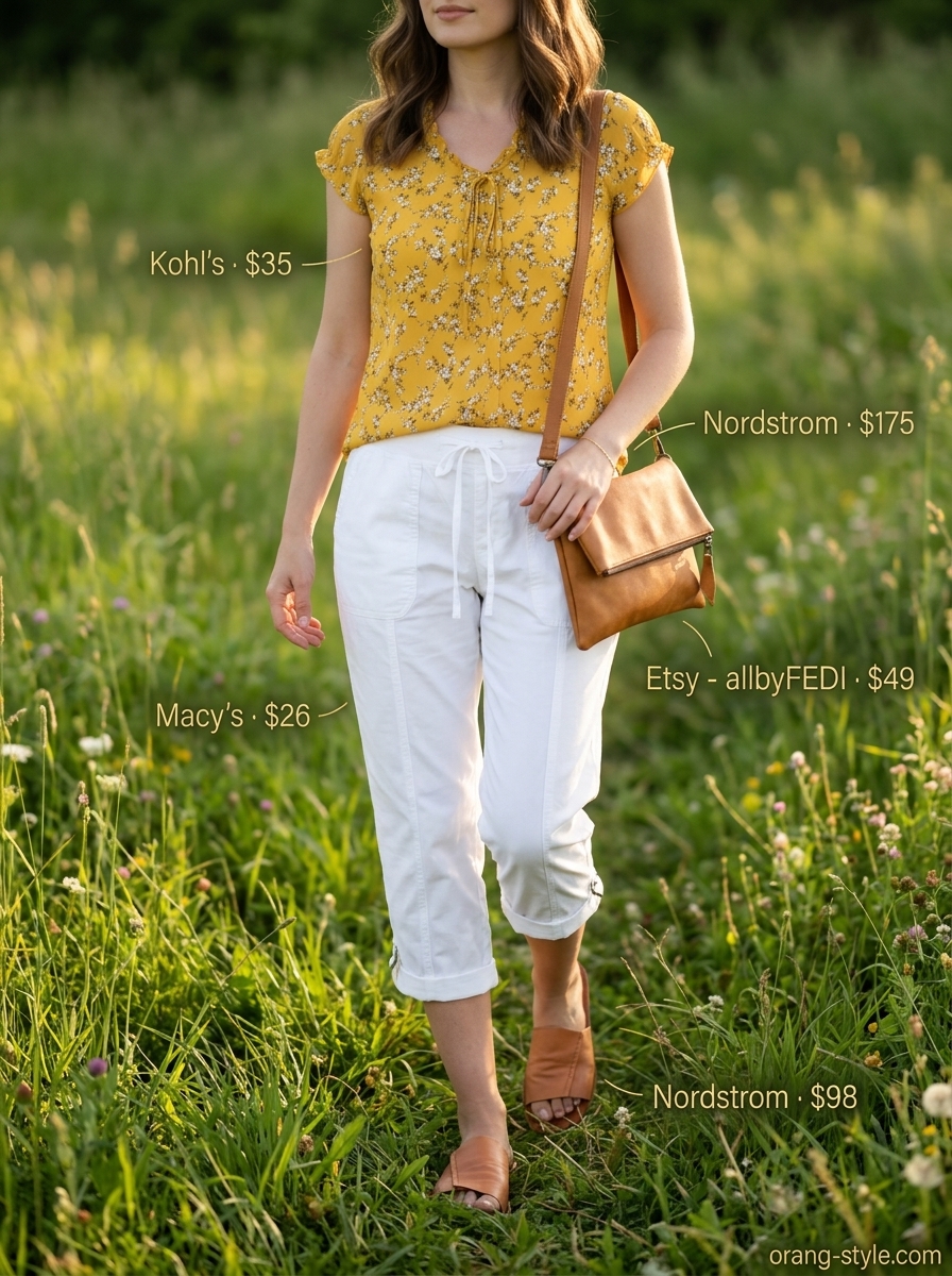 Cheerful floral summer blouse 2026 for casual outings with capri pants, slide sandals, and crossbody bag.