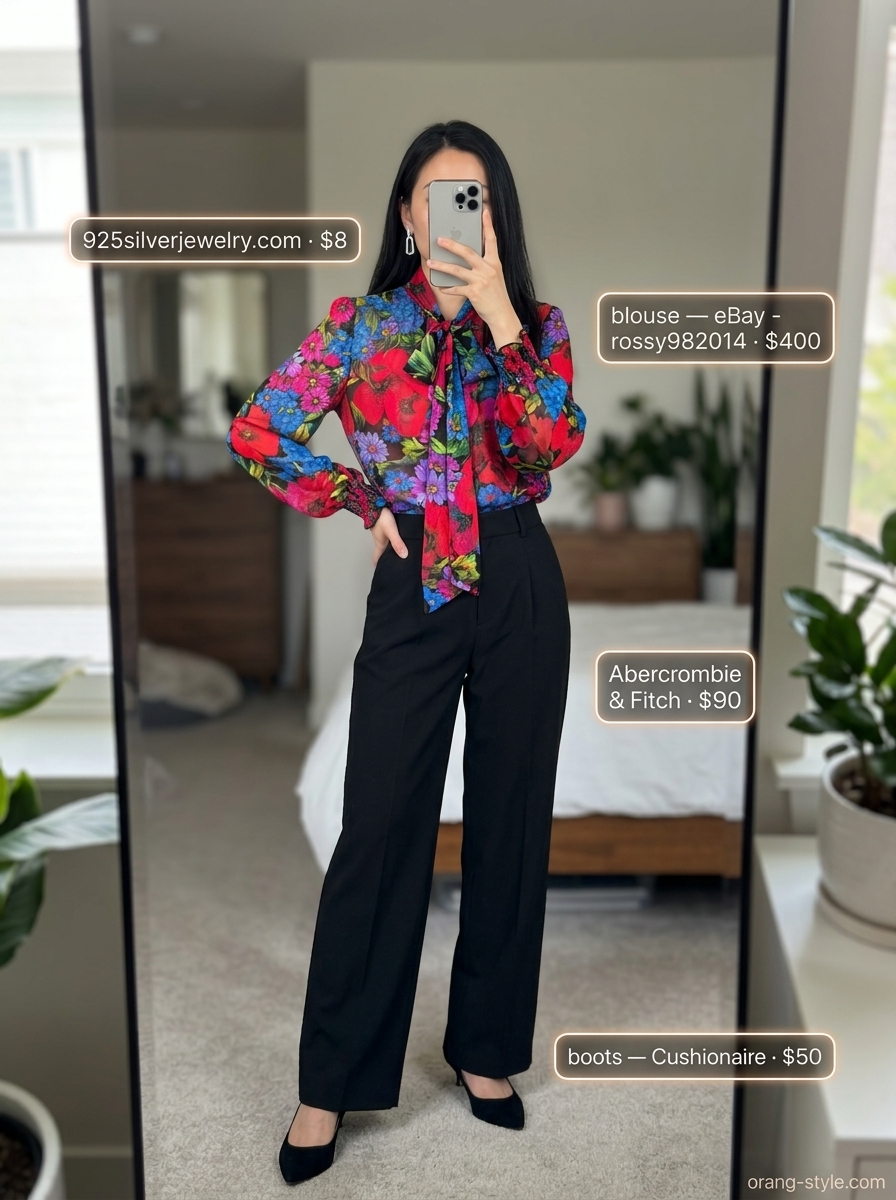 Sophisticated floral summer blouse 2026 for office casual with wide-leg trousers, kitten heels, and tote bag.