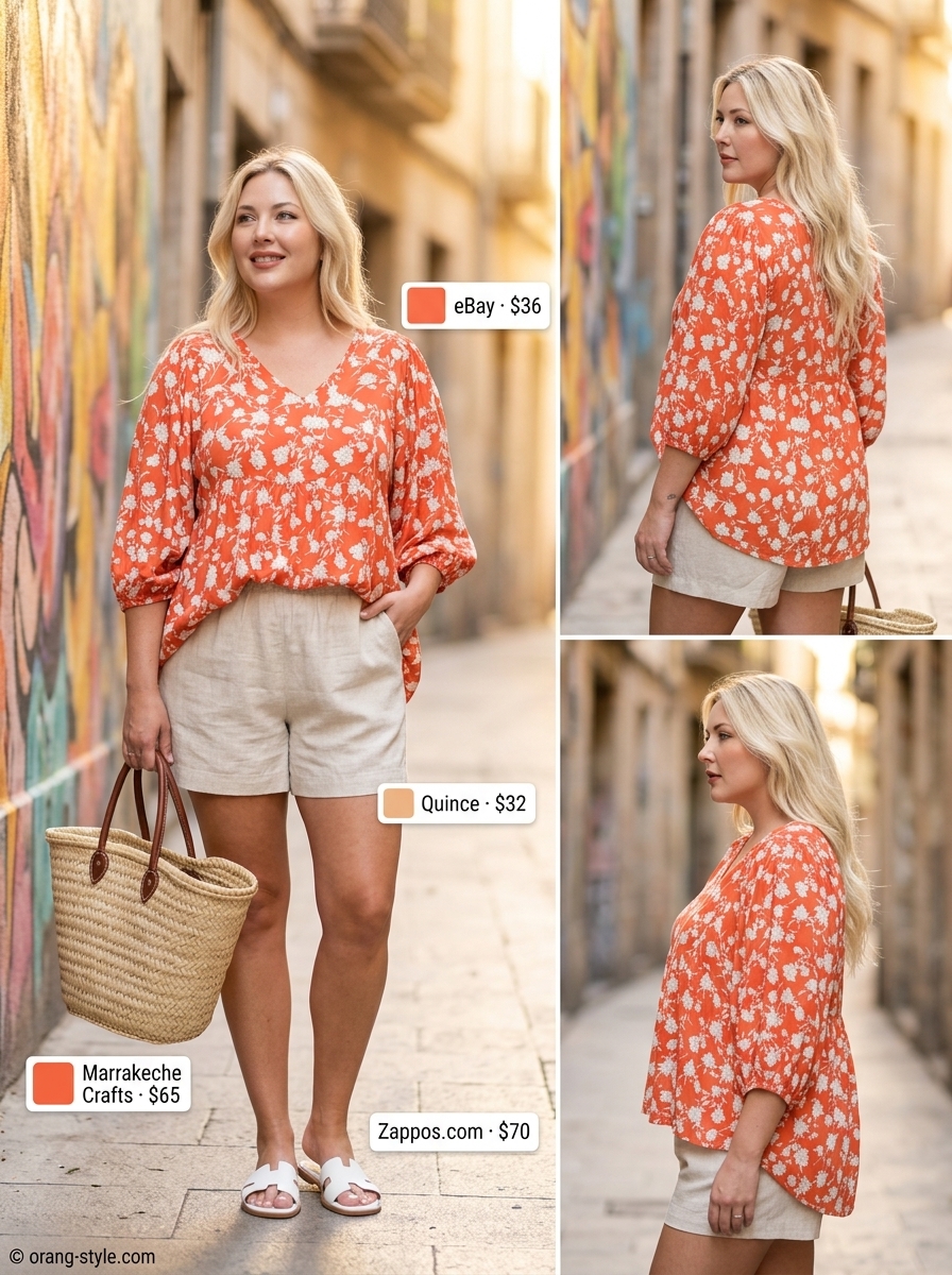 Coral floral summer blouse 2026 with linen shorts, straw hat, and sandals for a relaxed vacation look.