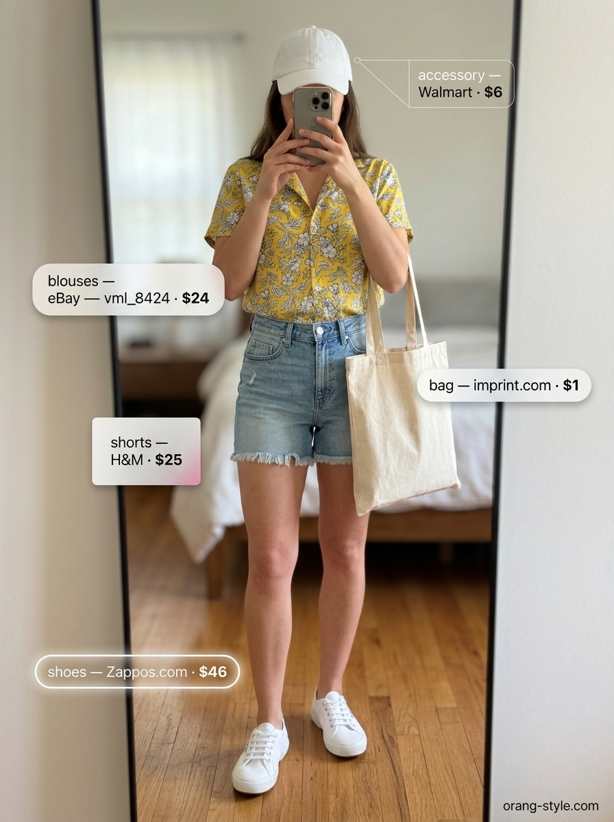 Yellow floral summer blouse 2026 with denim shorts for weekend errands. Casual, playful outfit.