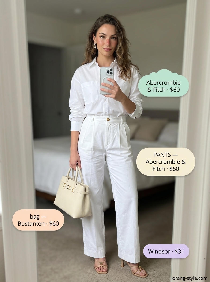 Chic white cotton outfit: wide-leg pants and oversized shirt for hot summer cotton outfits for women 2026.