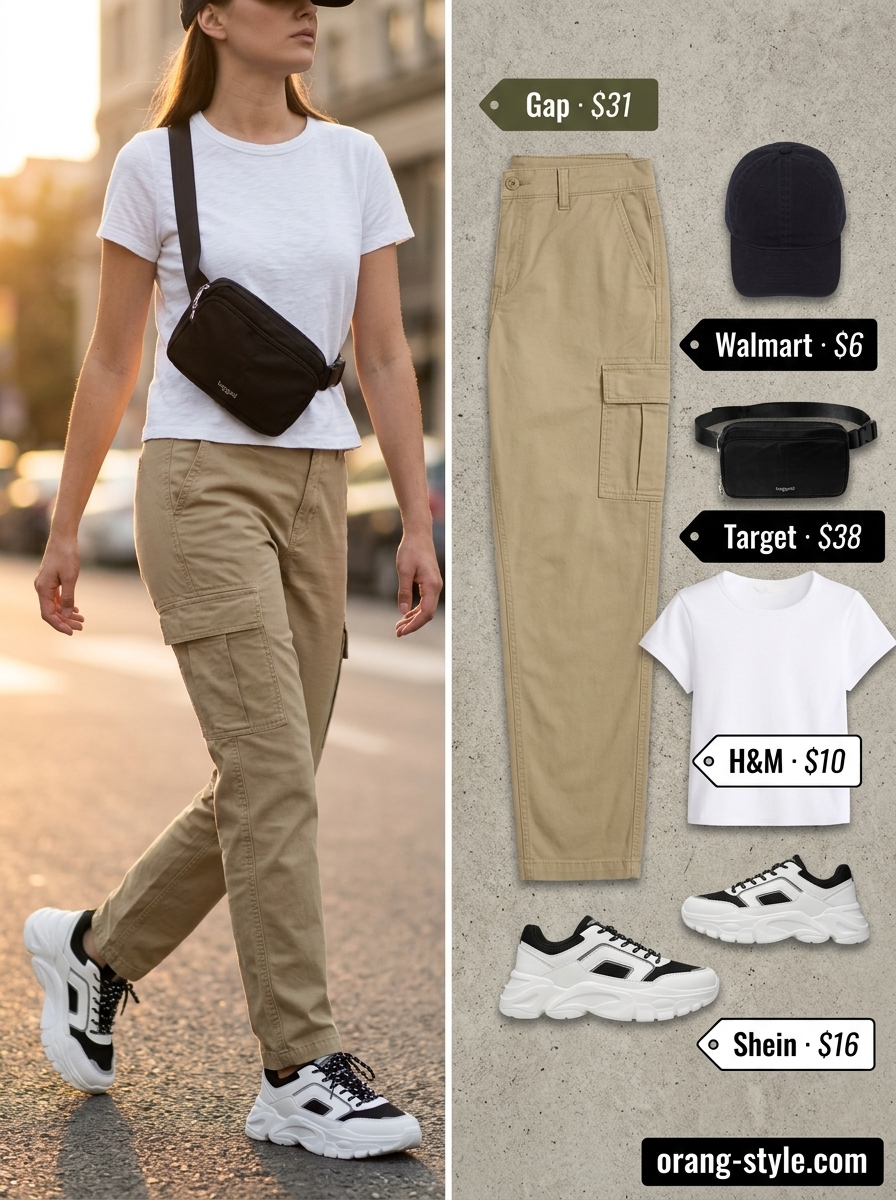 Hot summer cotton outfits for women 2026: Khaki cargo pants, white tee, black cap, dad sneakers for urban style.