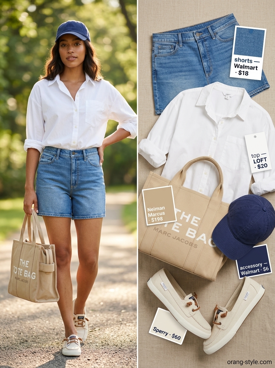 Hot summer cotton outfits for women 2026: Denim shorts, white linen shirt, canvas sneakers, tote bag for weekend.