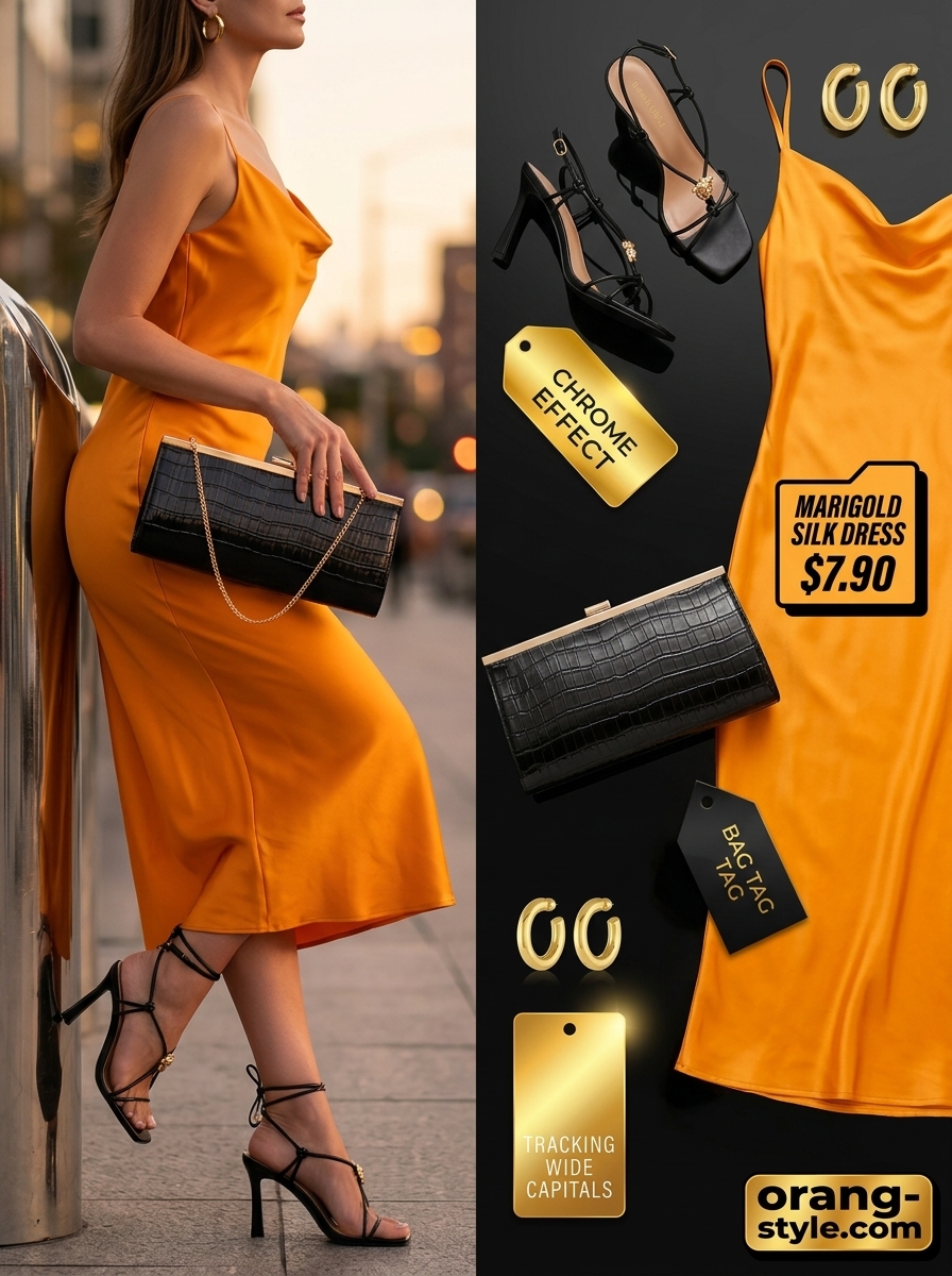 Hot summer cotton outfits for women 2026: Marigold slip dress, black sandals, gold earrings for a party.