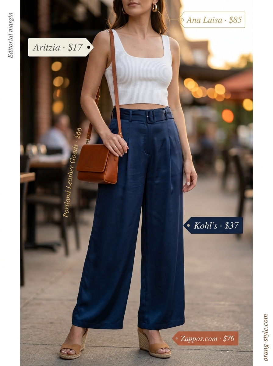 Hot summer cotton outfits for women 2026: Navy wide-leg pants, white crop top, espadrilles for dinner.