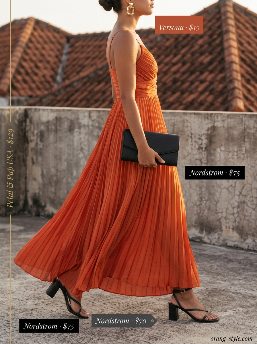 Hot summer cotton outfits for women 2026: Orange maxi dress, black sandals, gold earrings for date night.