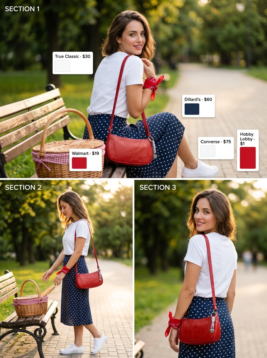 Hot summer cotton outfits for women 2026: Navy polka dot midi skirt, white tee, red bandana, sneakers for a picnic.